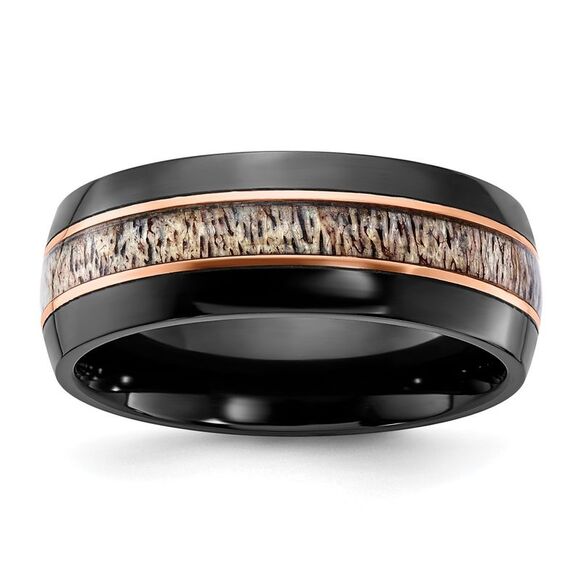 Kazi Luxury Black Zirconium Polished Rose IP-plated with Antler Inlay 8mm B&